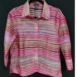 Dana Taylor 3J180072 Striped Button-Up Shirt Pink Woven 3/4 Sleeve Women Size S